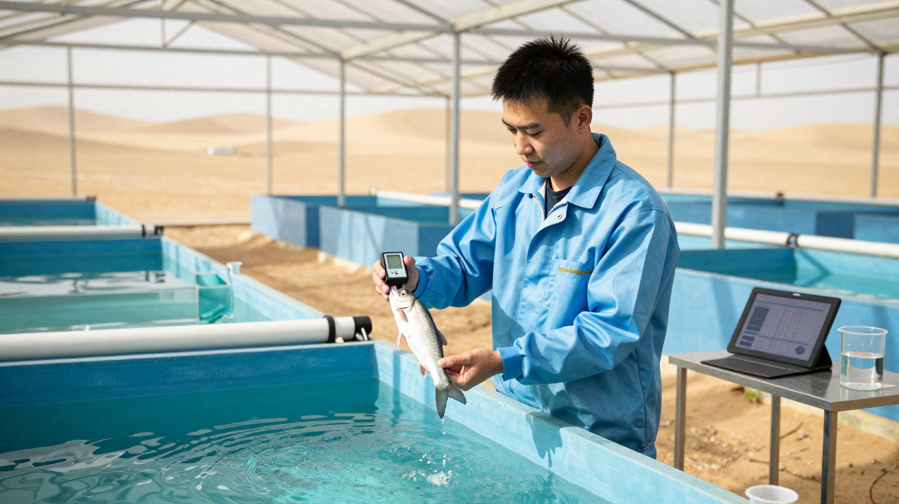 Man in blue coat measuring fish above a water tank in an indoor fish farming facility.