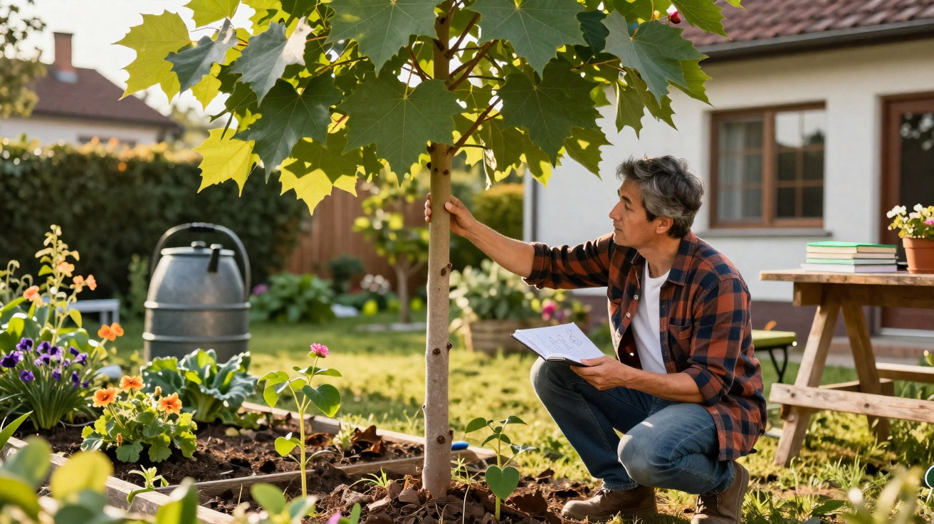 Man examining young tree in garden while holding a notebook, surrounded by flowers and a watering can nearby.