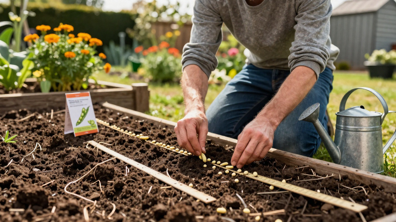 Person planting seeds in a garden bed with a watering can nearby and flowers in the background.