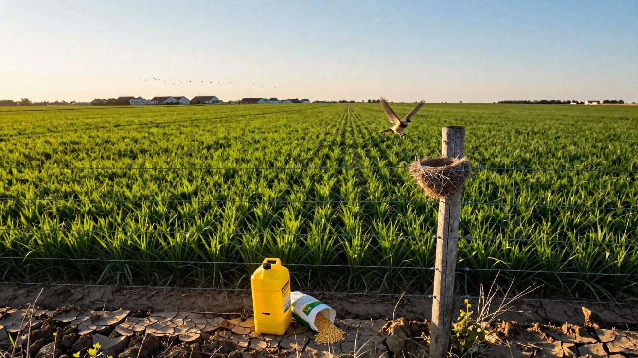 Green crop field under clear sky with a bird flying near a nest on a post, yellow container, and spilled seeds on dry soil.