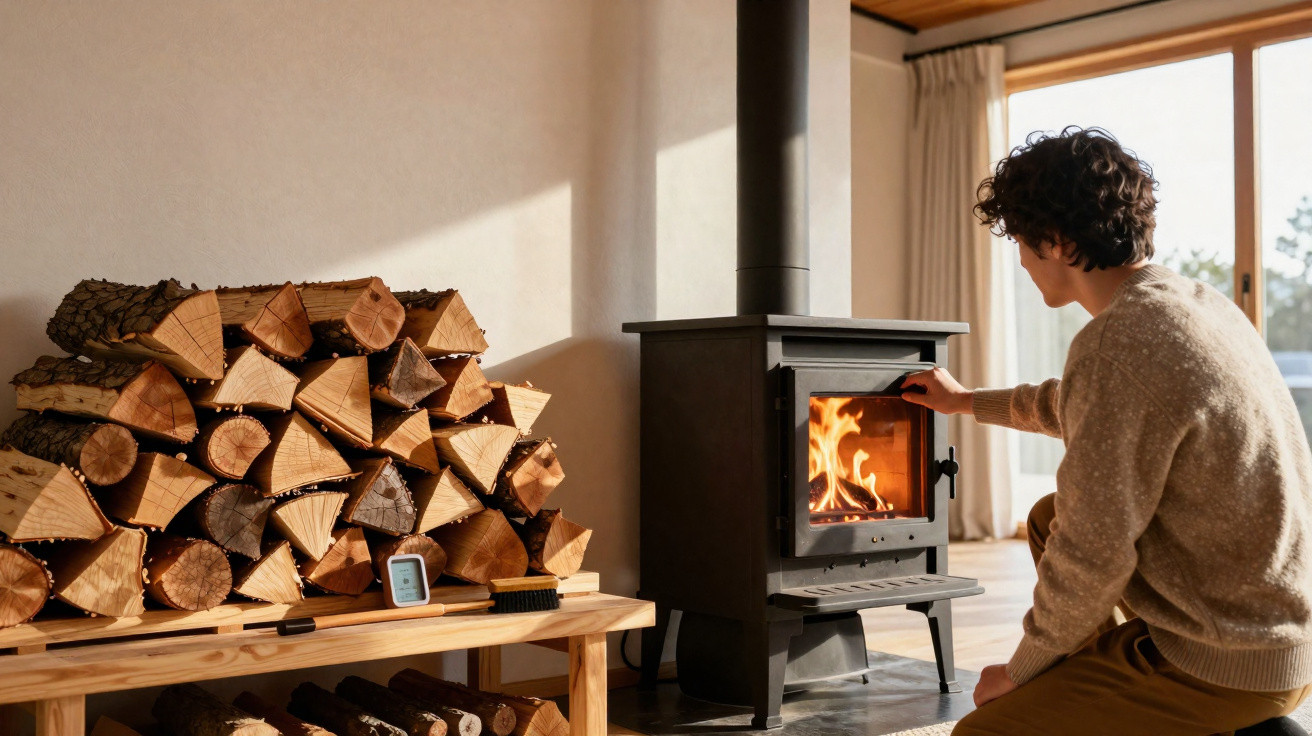 Person adjusting fire in a wood-burning stove next to stacked firewood in a cosy sunlit room.