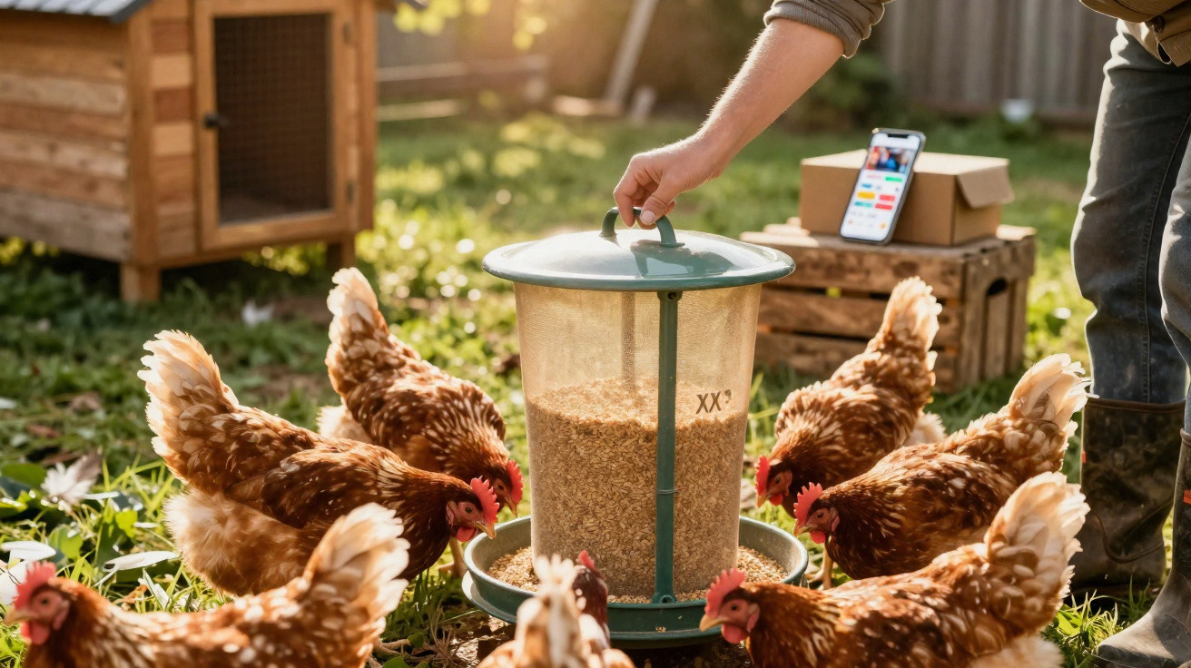 Person feeding brown chickens from a feeder in a sunny backyard with a wooden coop in background.