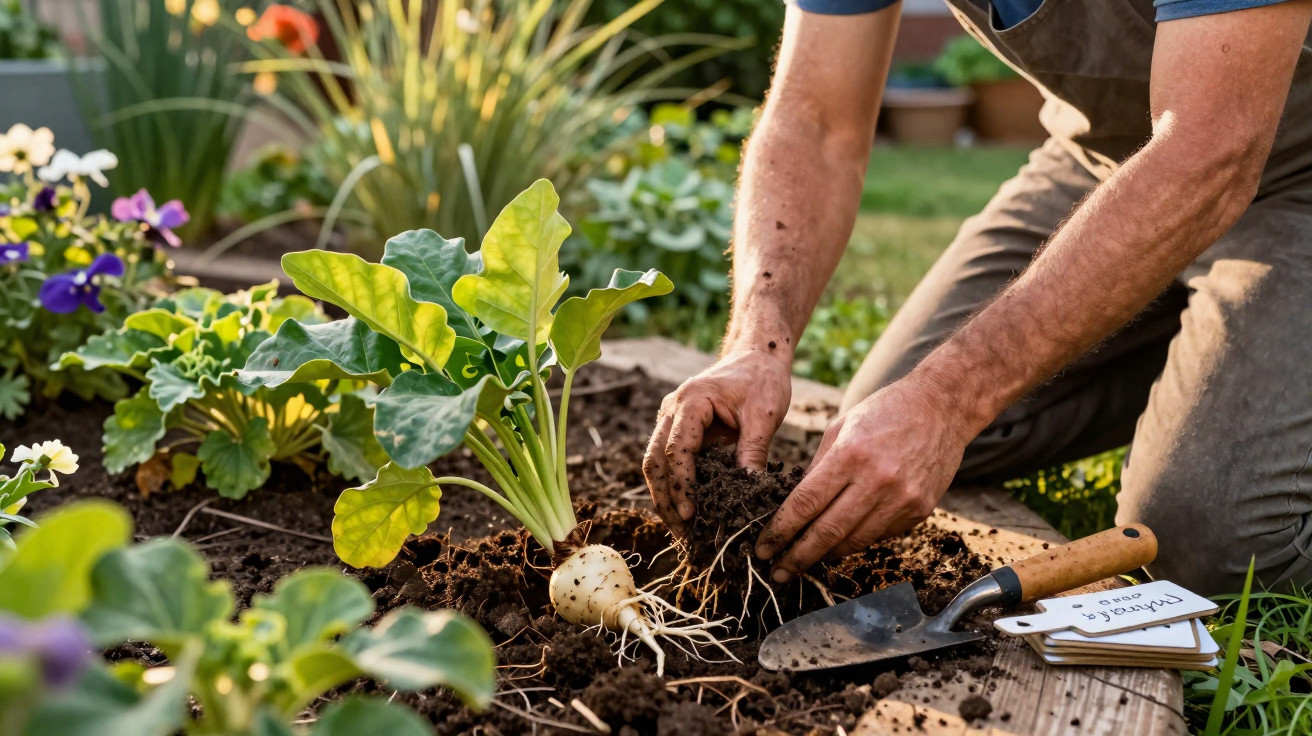 Person planting a young root vegetable in garden soil with a trowel and plant labels nearby.
