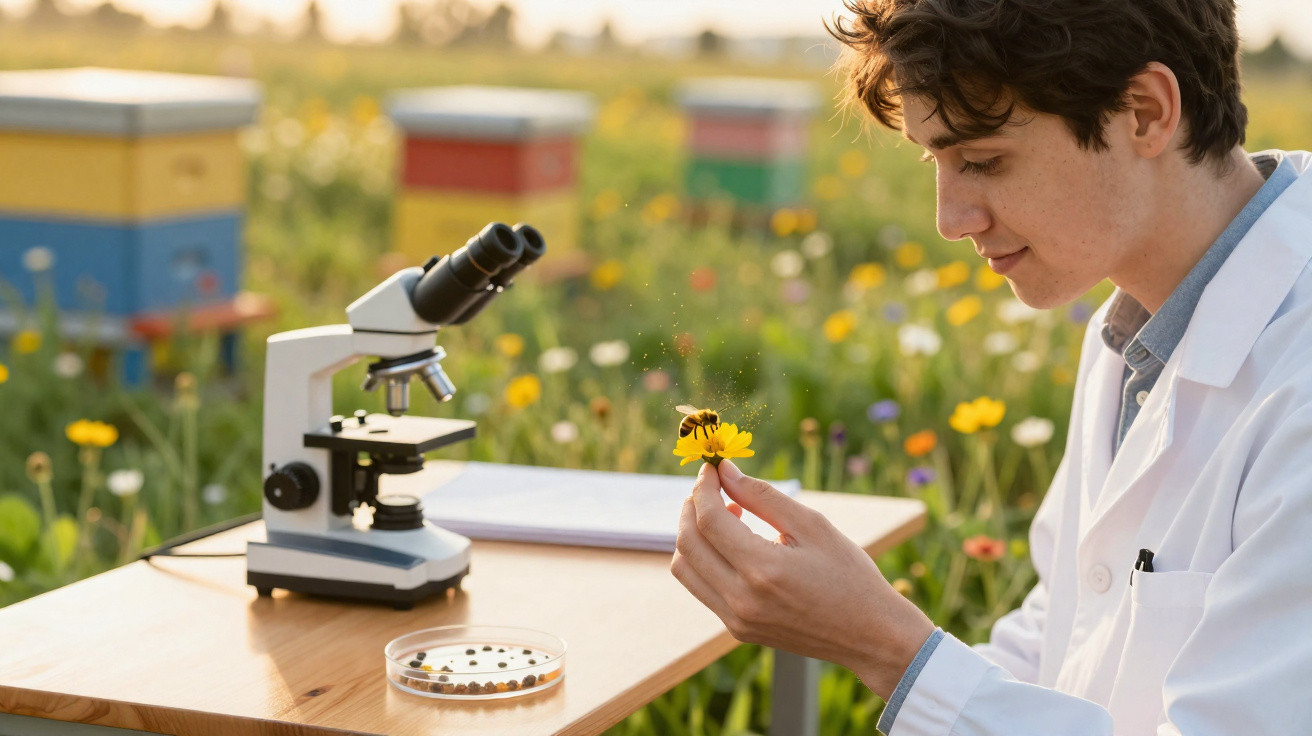 Young scientist in lab coat examining a flower with a bee outdoors next to a microscope and petri dish.