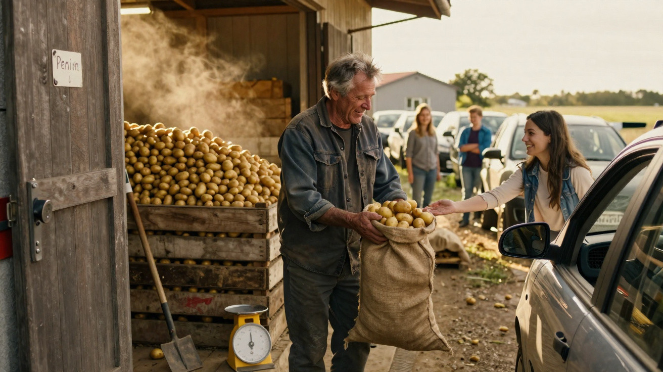 Man handing sack of freshly harvested potatoes to woman at farm with piles of potatoes and parked cars nearby