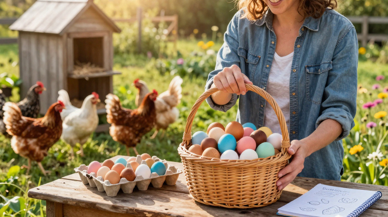 Person holding a basket of colourful eggs with hens and a chicken coop in the background on a sunny day.