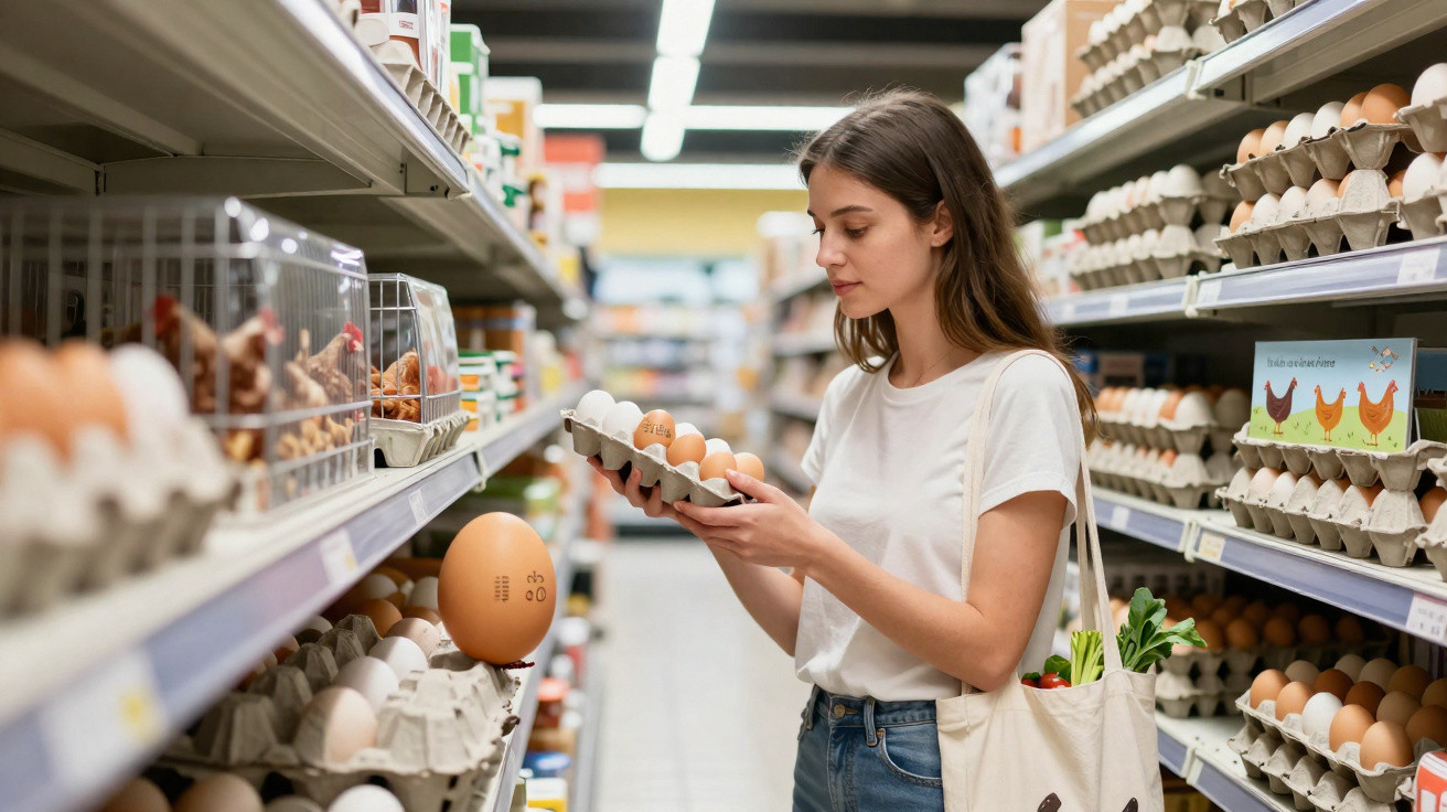 Young woman examining egg carton in a supermarket aisle filled with egg cartons.
