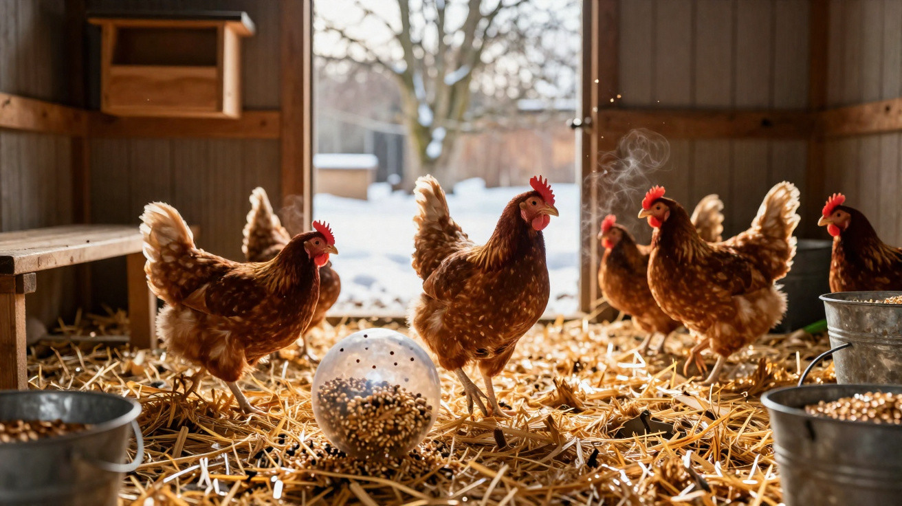 Brown hens walking on straw inside a barn with sunlight streaming through the open door.