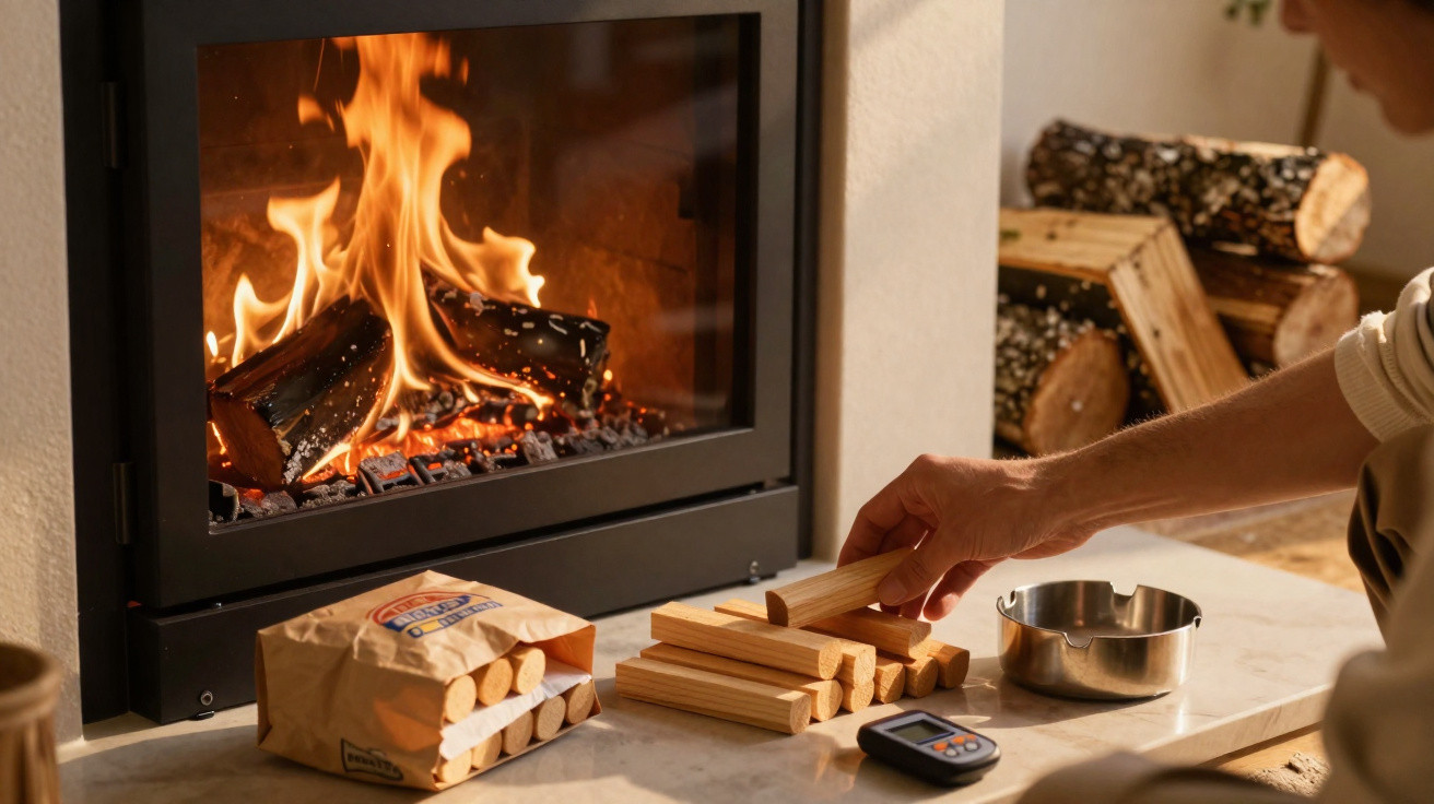 Person stacking wooden fire starter sticks next to a lit modern fireplace with firewood in the background
