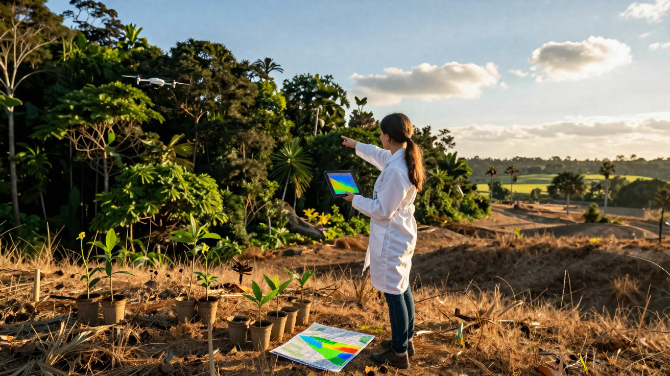 Scientist in a lab coat using a tablet and drone to monitor young plants in a rural field at sunset.