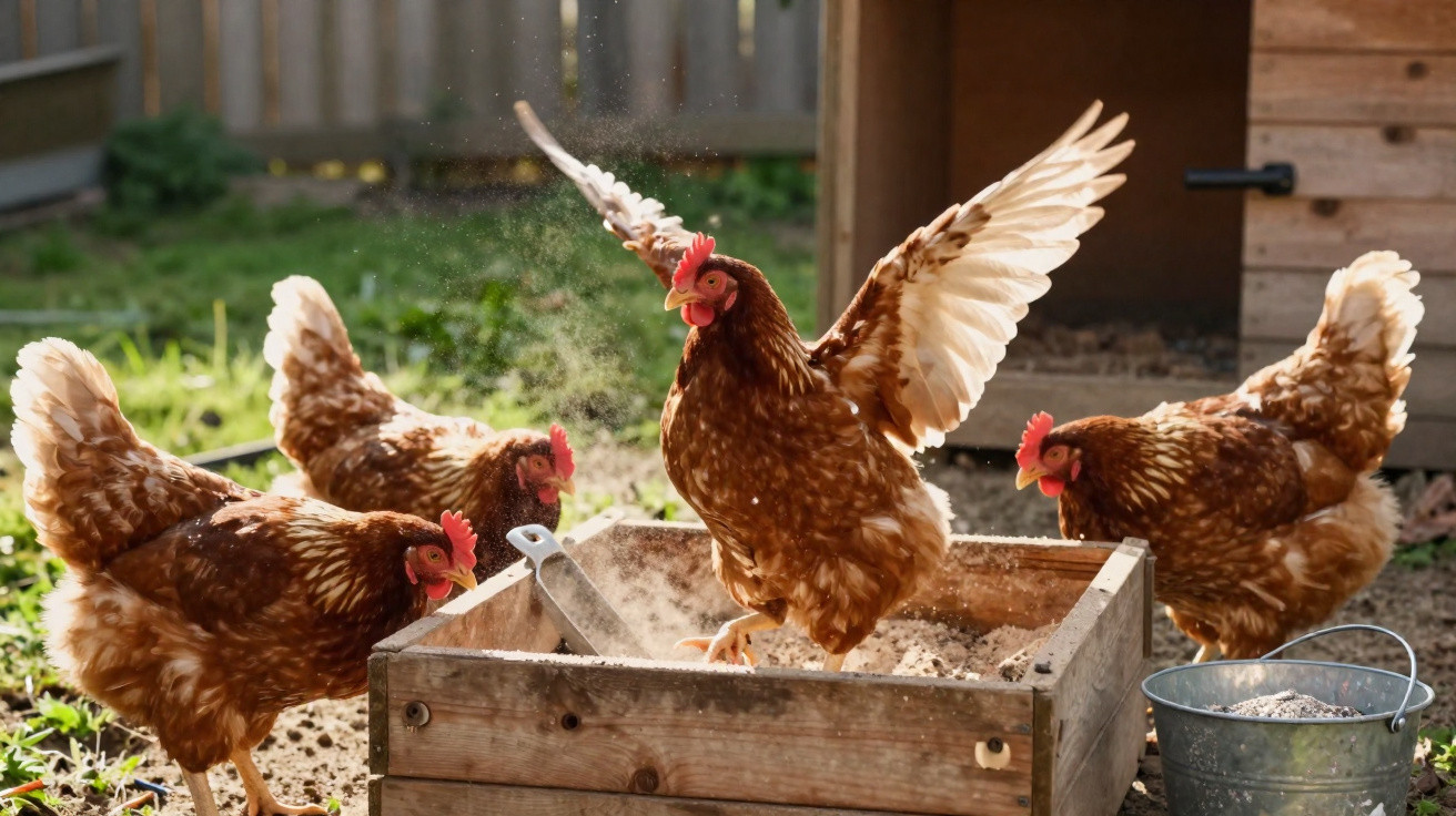 Four brown hens dust bathing and pecking around a wooden box outdoors in a sunny garden.