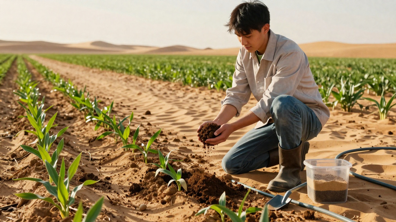 Young man kneeling in desert farmland, examining soil near rows of green crops under clear sky.