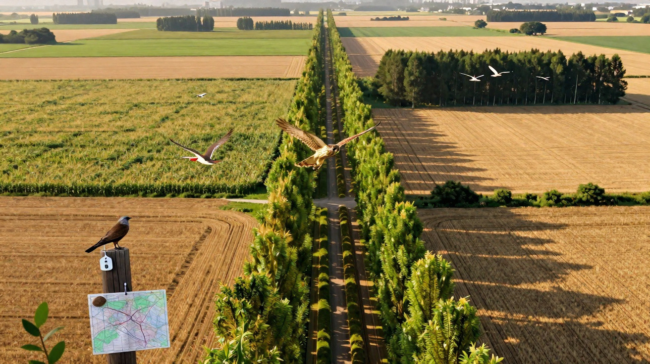 Aerial view of a tree-lined rural road with various birds flying and a map pinned to a post in the foreground.