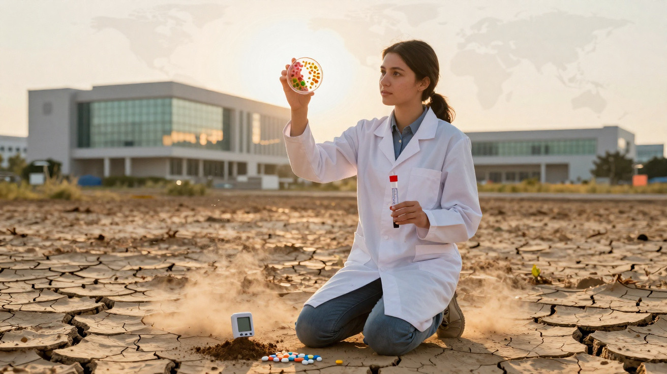 Scientist in lab coat examining petri dish on cracked dry soil with pills and digital device nearby.