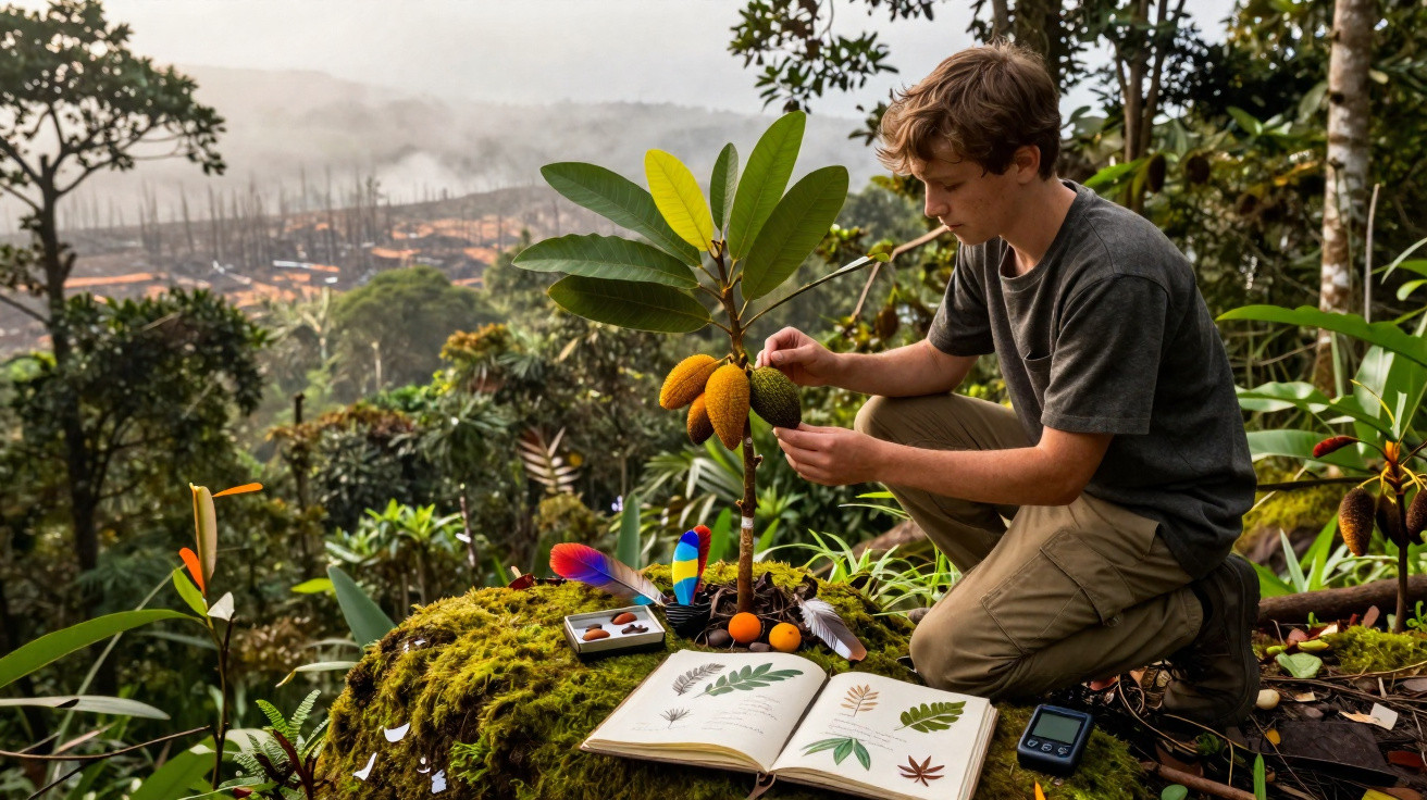 Person examining fruit on a small tree in a forest with an open plant identification book nearby.