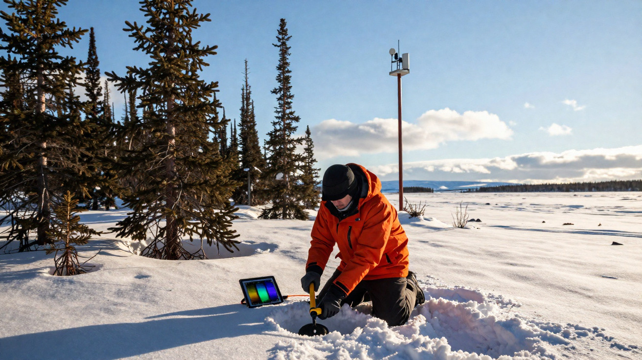 Person in orange jacket digging in snow near trees with electronic device and pole in snowy landscape under blue sky.