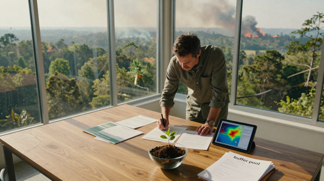 Man working at a desk with plant, documents, and tablet showing a heat map, with a wildfire burning outside the window.