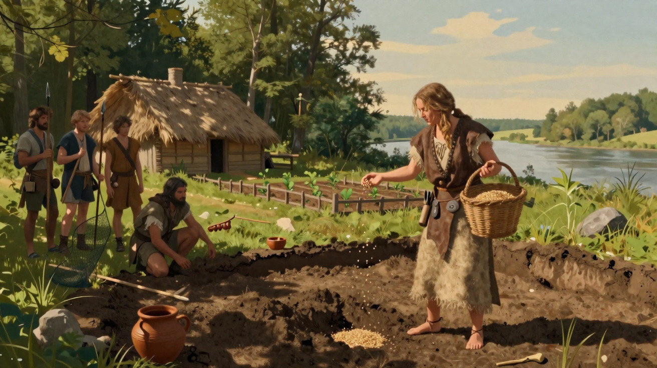 Woman sowing seeds in a field near a river with men and a thatched hut in the background.