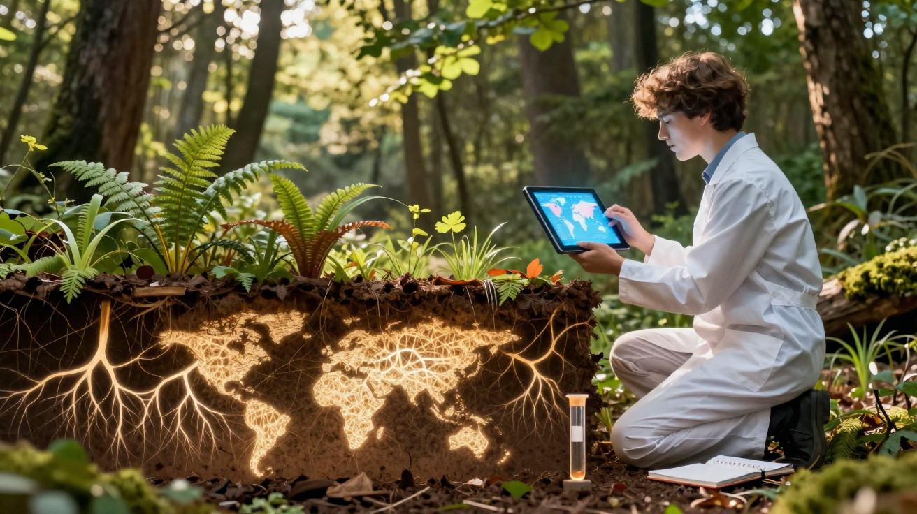 Young scientist in white coat using tablet next to glowing world map roots in forest soil.