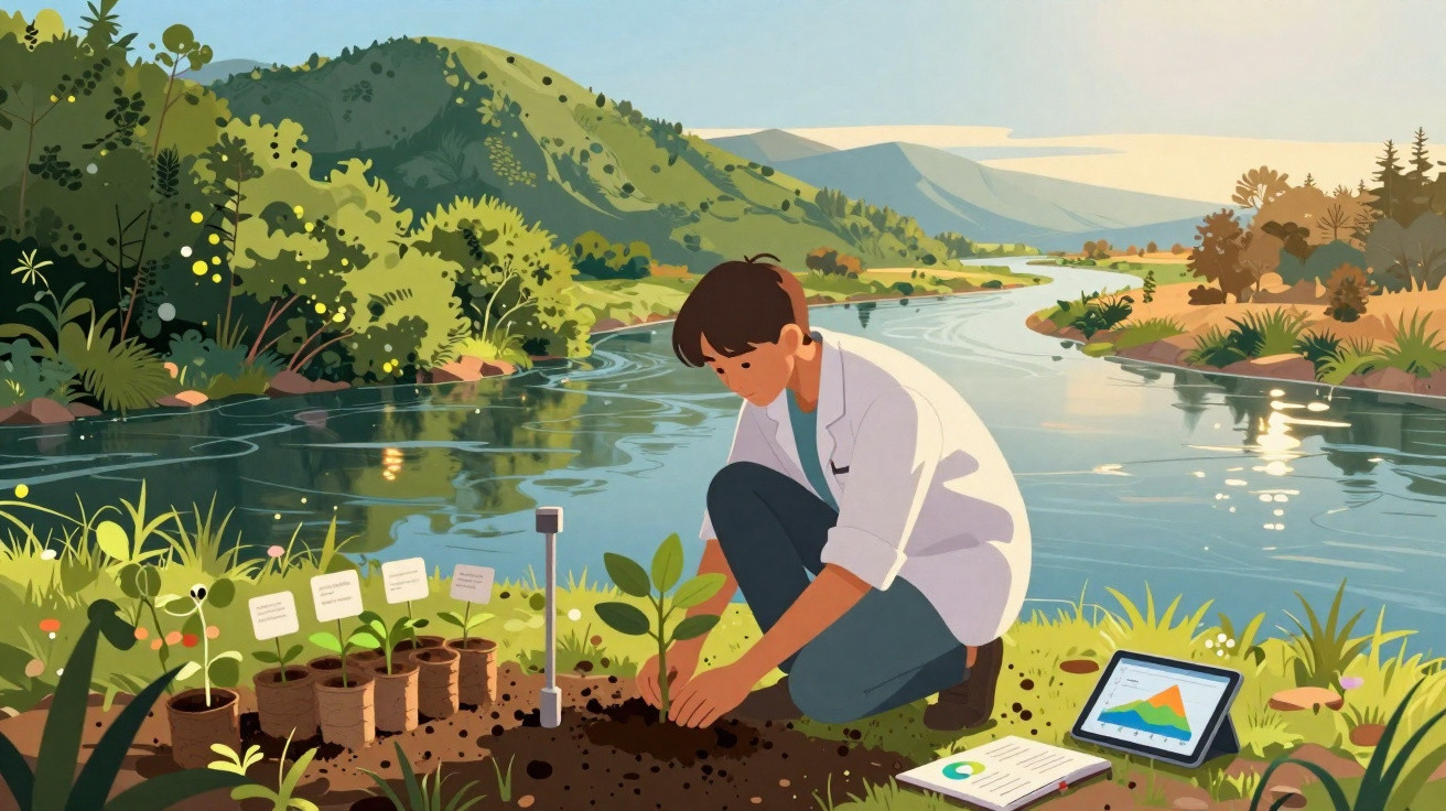 Person in white lab coat planting a sapling by a river with plants and data charts nearby