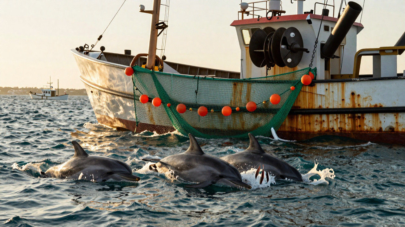 Three dolphins swimming near a rusty fishing boat with a green net and orange buoys in the sea at sunset.