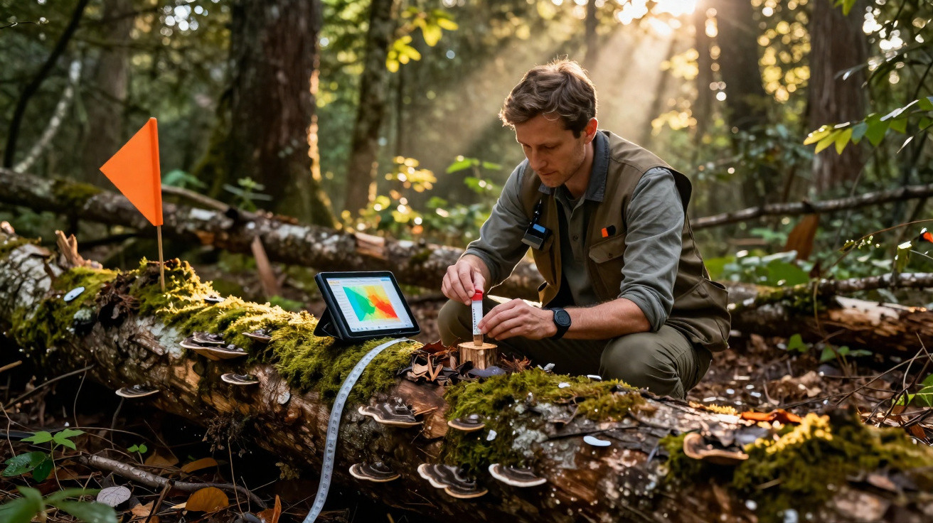 Scientist collecting samples from a fallen moss-covered log with measuring tape and tablet in a sunlit forest.