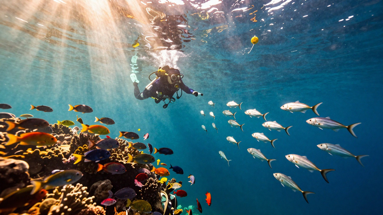 Scuba diver exploring vibrant coral reef with schools of colourful fish under clear sunlit ocean water.