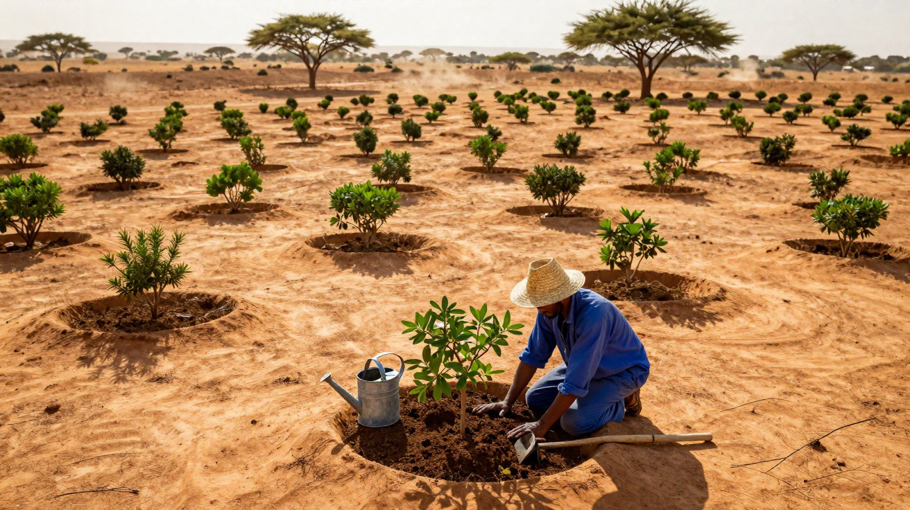 Person in blue clothes planting young trees in rows on dry land with acacia trees in the background