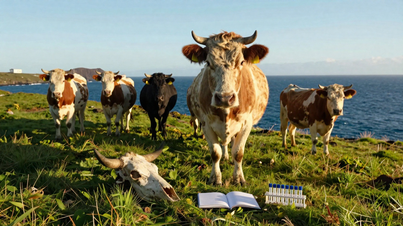 A group of cows standing on a grassy cliff beside the sea with a skull, book, and test tubes in front.
