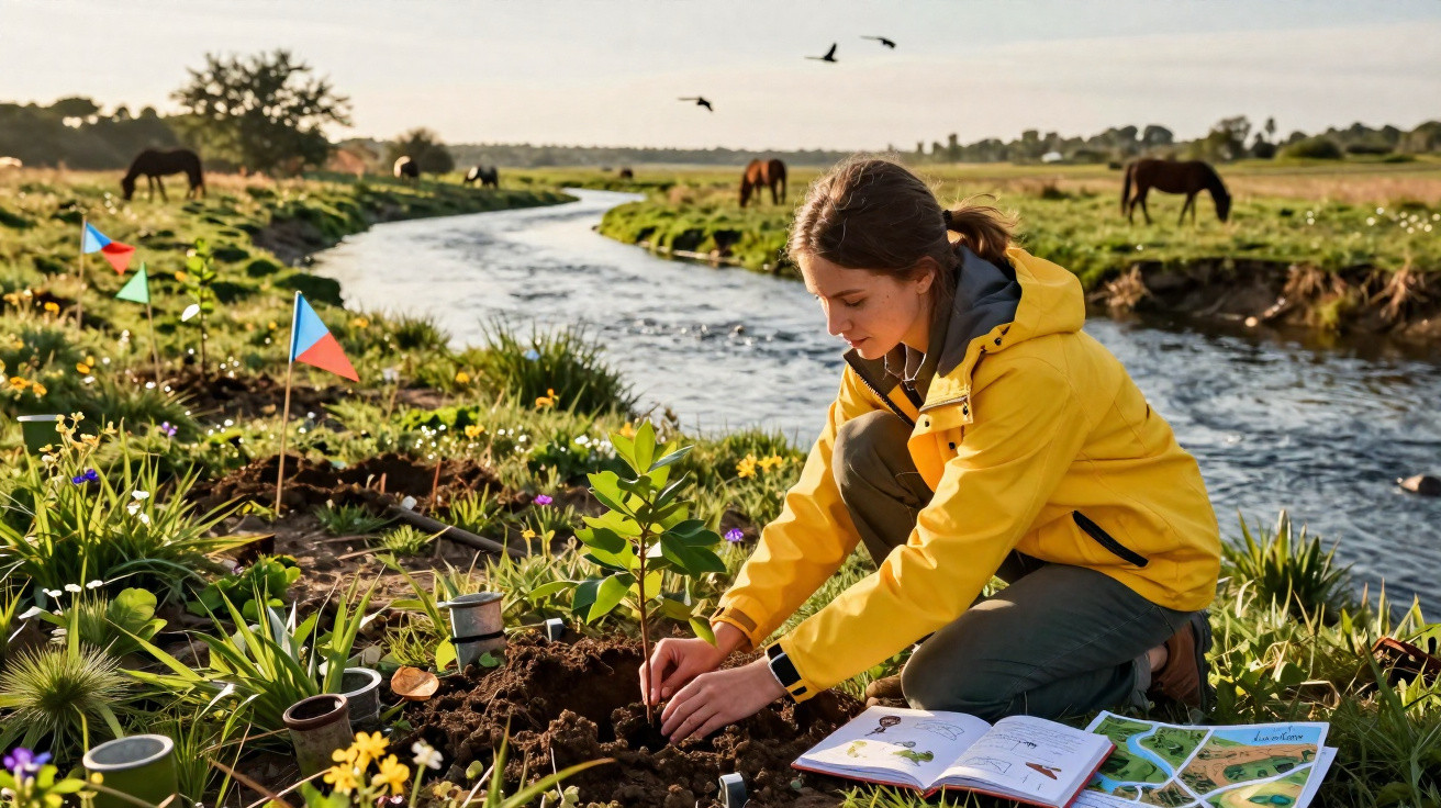 Person in a yellow jacket planting a sapling next to a river with horses grazing in the background.