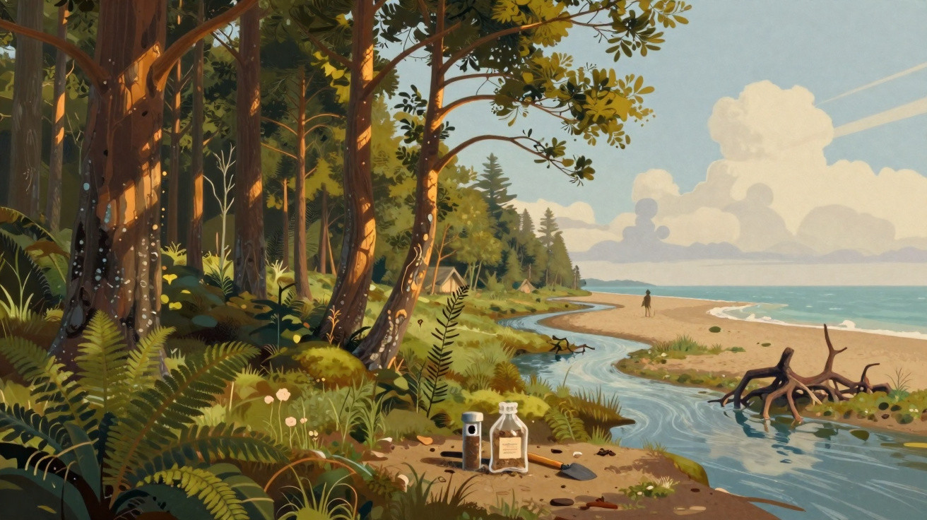 A peaceful forest clearing by a stream flowing to a sandy beach with a lone figure in the distance.