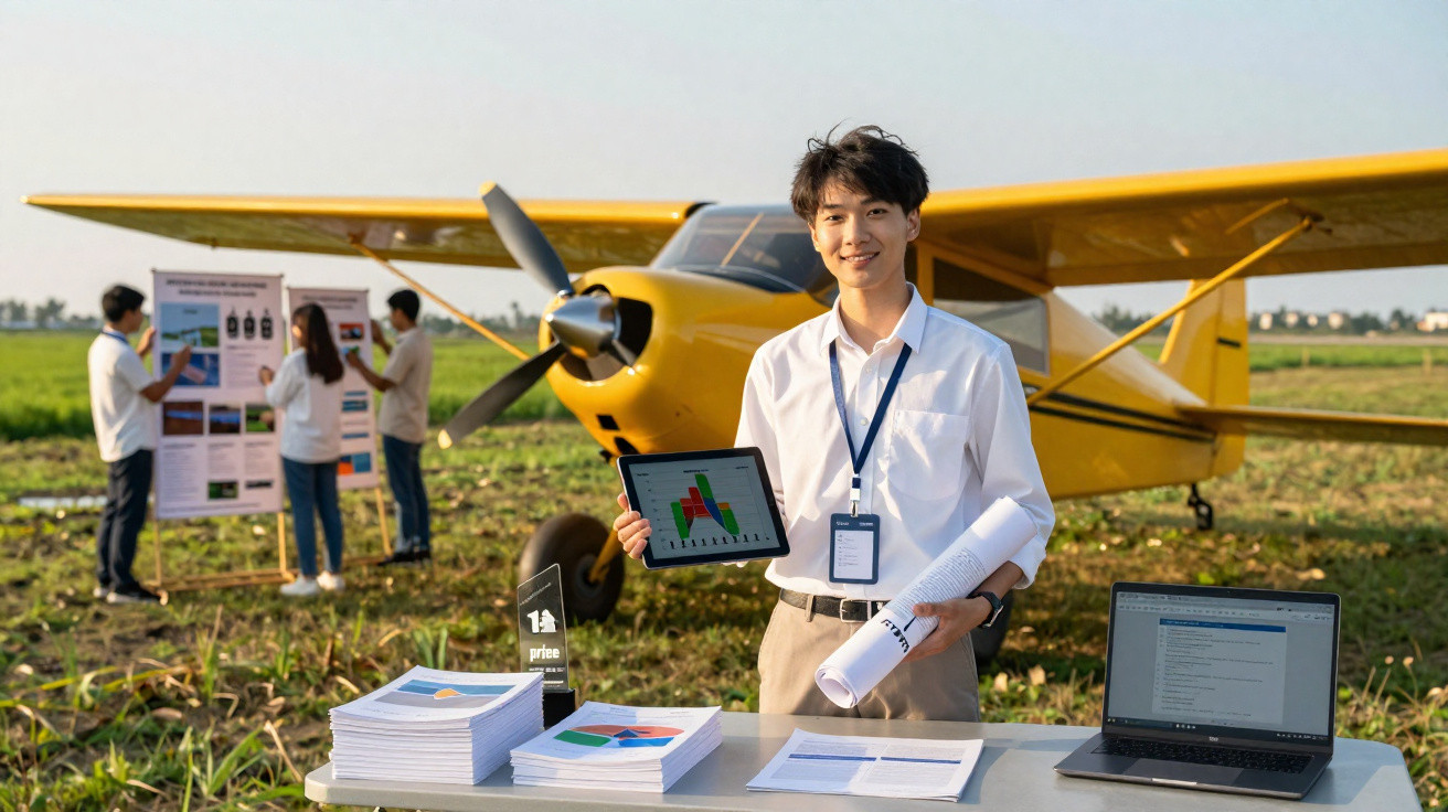 Young man in white shirt presenting data charts by a yellow plane with colleagues discussing posters behind.