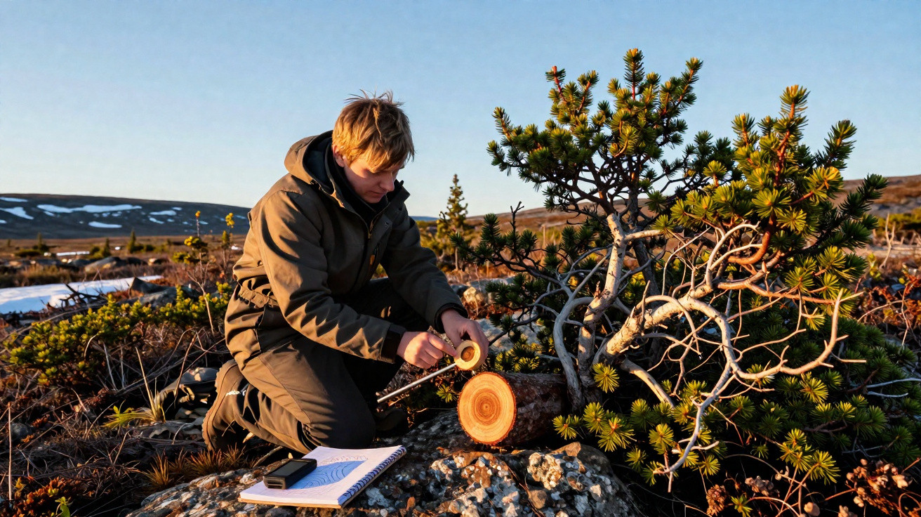 Person examining tree rings on a log outdoors in a rocky, mountainous landscape at sunset.