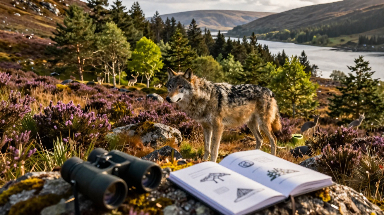 Wolf standing among purple heather near a lake, with binoculars and an open wildlife guidebook in foreground.