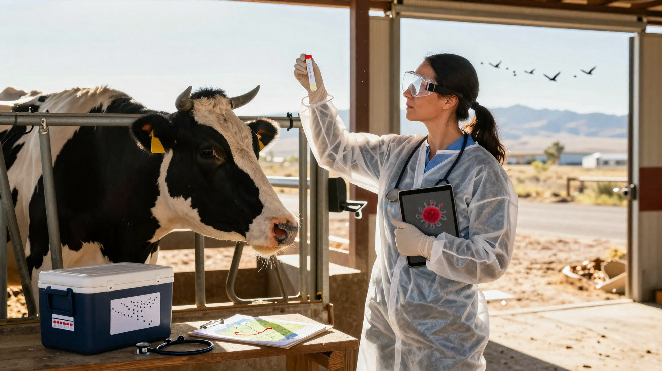 Veterinarian in protective gear examining a test tube near a black and white cow inside a barn.