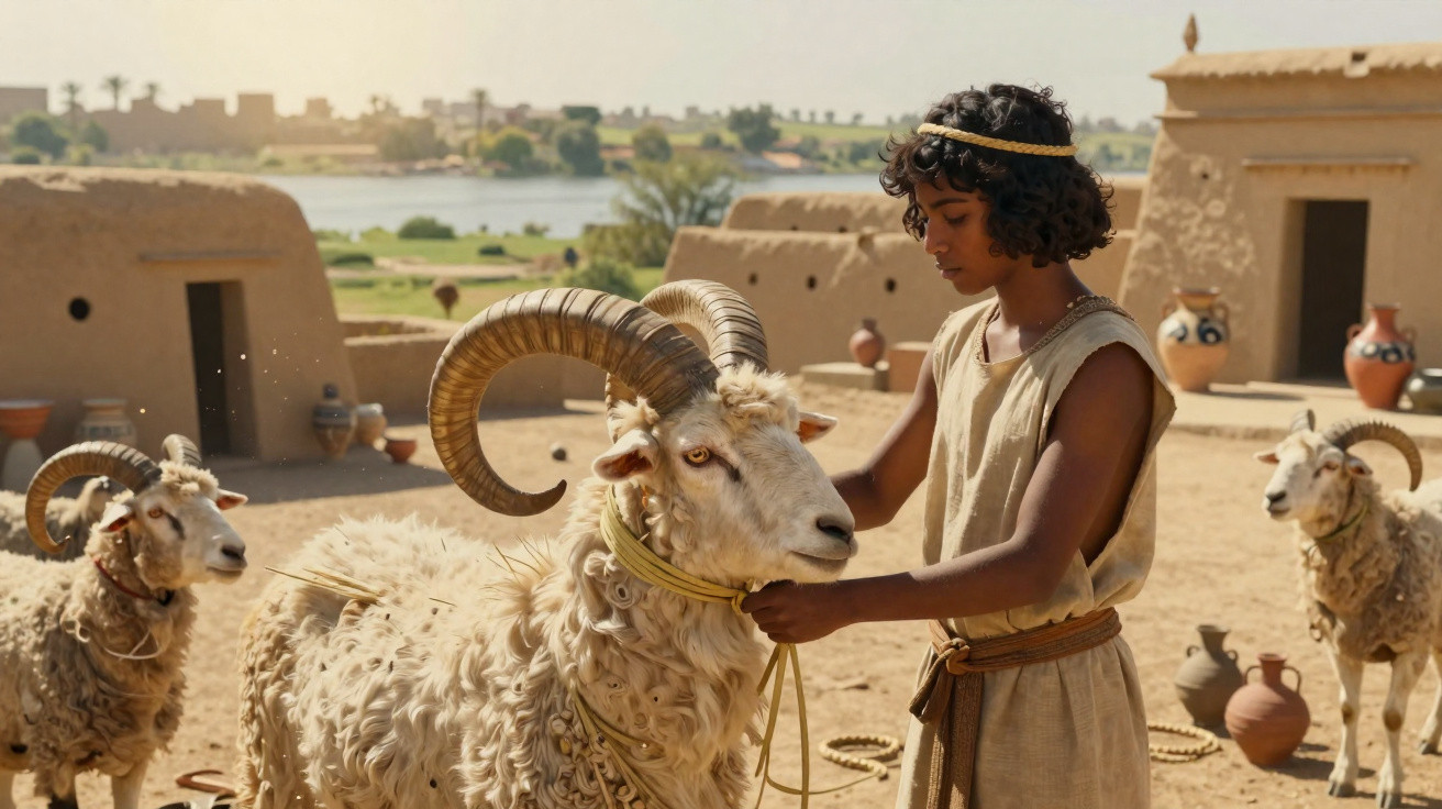 Young person in traditional clothing tending to a large horned ram in an ancient village setting.