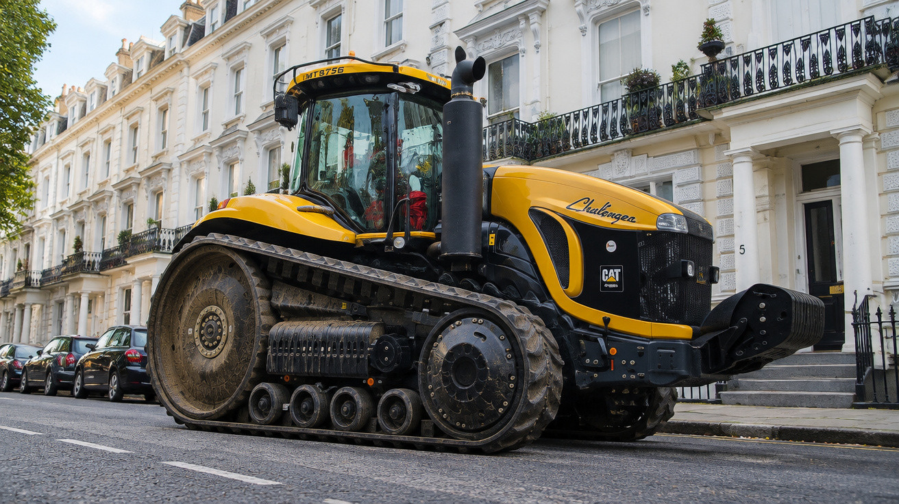 Yellow Caterpillar Challenger tracked tractor parked on a street in front of white townhouses.