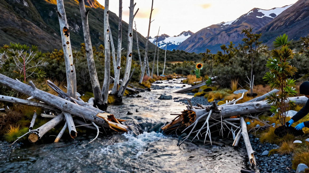 Clear mountain stream flowing through a valley with bare trees, scattered logs, and snow-capped peaks in the distance.