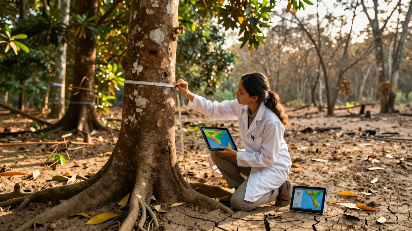 Researcher in a white coat measuring tree trunk with tape in a dry forest while holding a tablet showing maps.