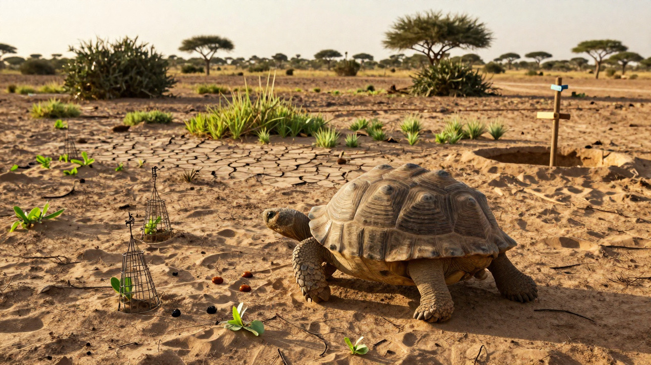 Desert tortoise walking on dry cracked earth with sparse vegetation and acacia trees in the background.