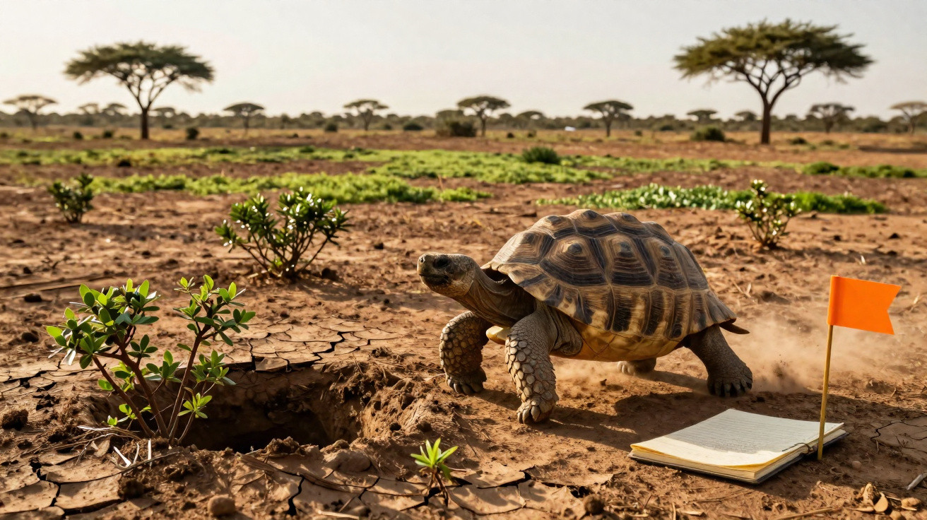 Tortoise walking on dry cracked earth near a small hole, with a notepad and orange flag beside it, under acacia trees.