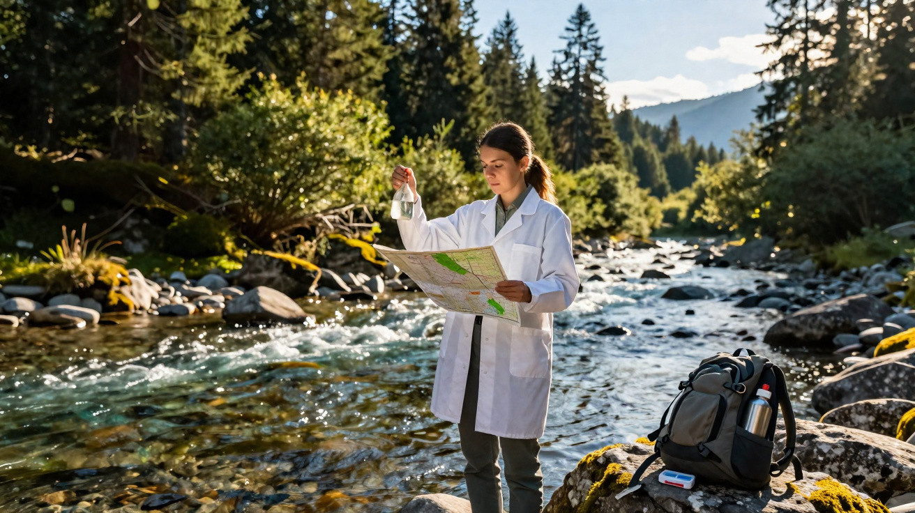 Scientist in a white lab coat testing water from a river while holding a map in a forested mountain area.