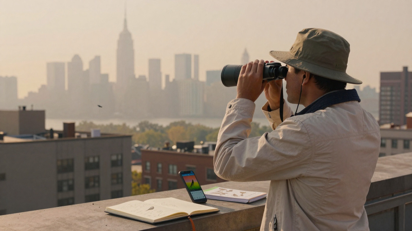 Person wearing a hat using binoculars on a rooftop, overlooking a city skyline with notebooks and a smartphone nearby.