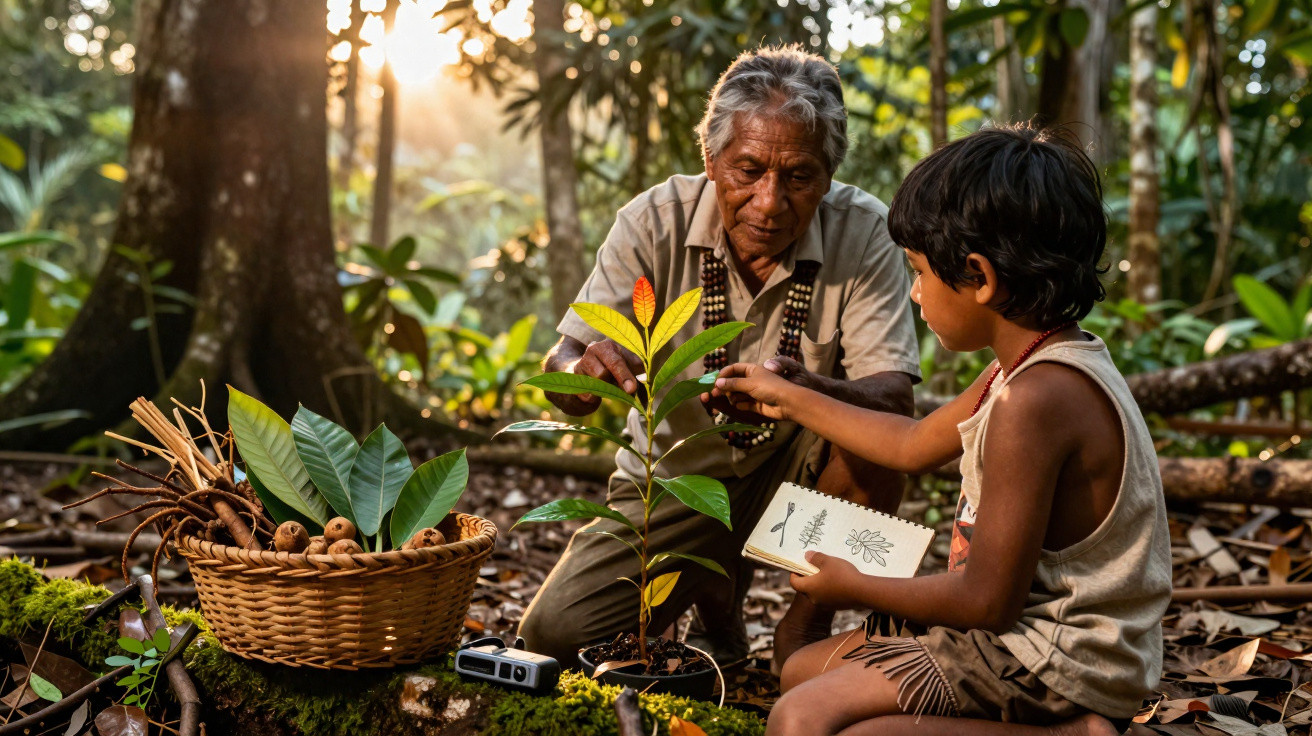 An elderly man and child examine a small plant in a forest with a basket of leaves and a notebook nearby.