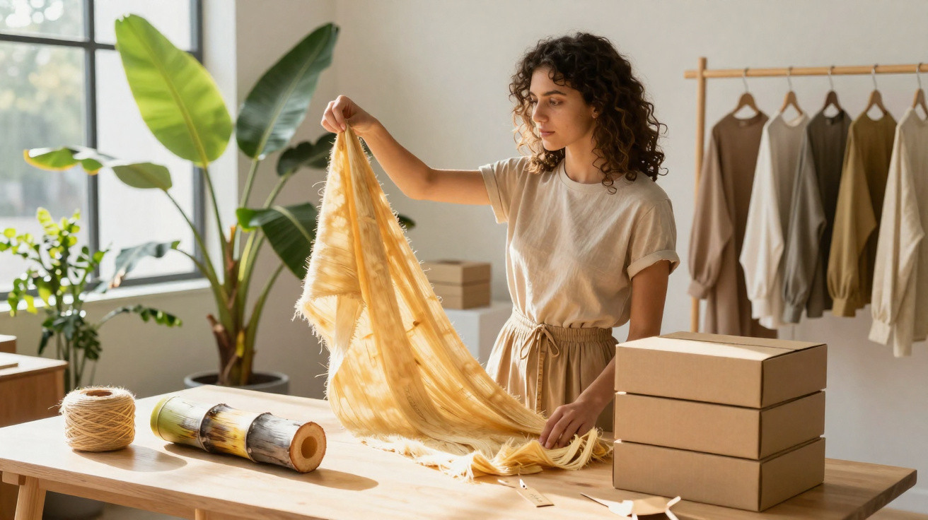 Woman examining yellow fabric in a bright room with plants, clothing rack, and cardboard boxes on the table.