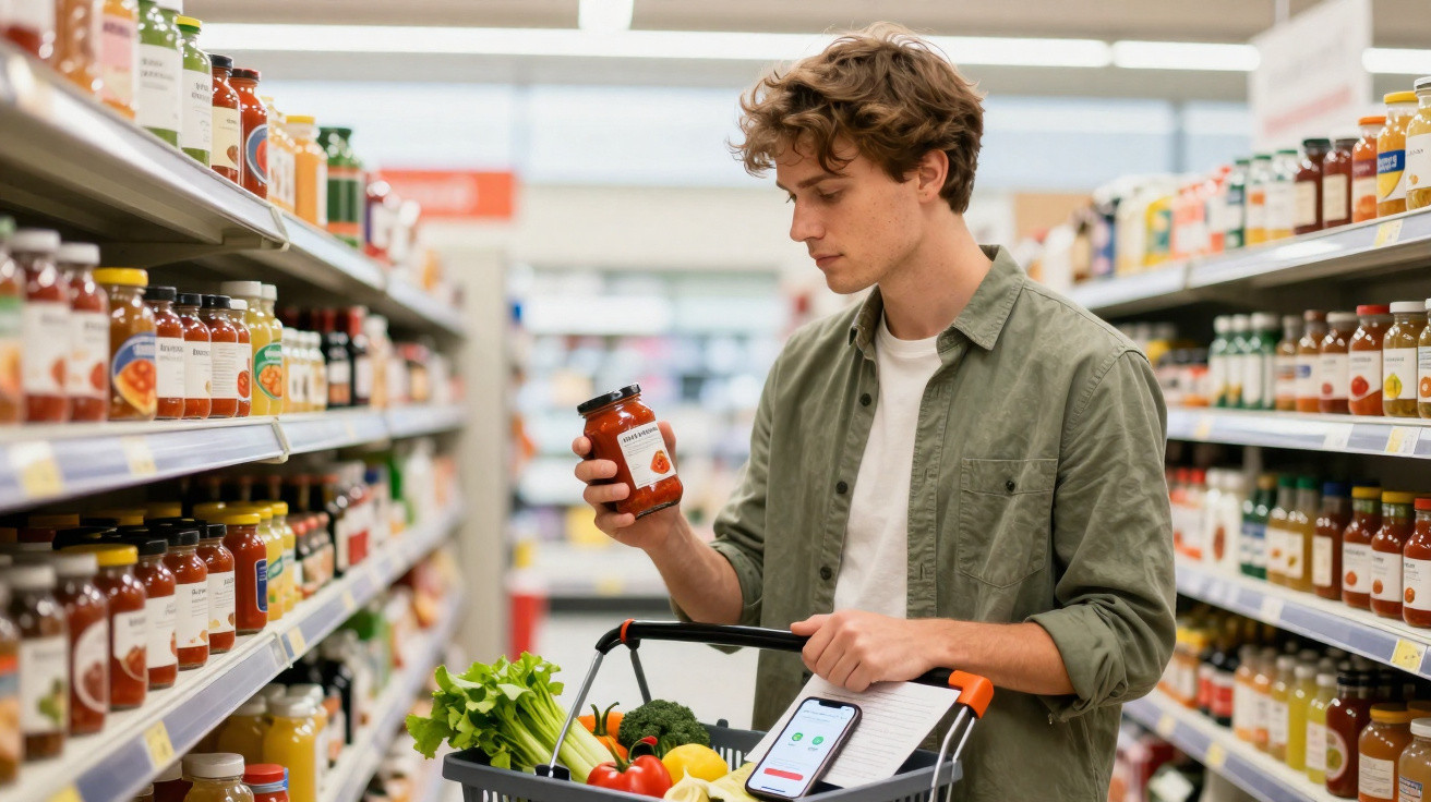 Young man examining a jar of sauce in a supermarket aisle with a shopping basket filled with groceries.