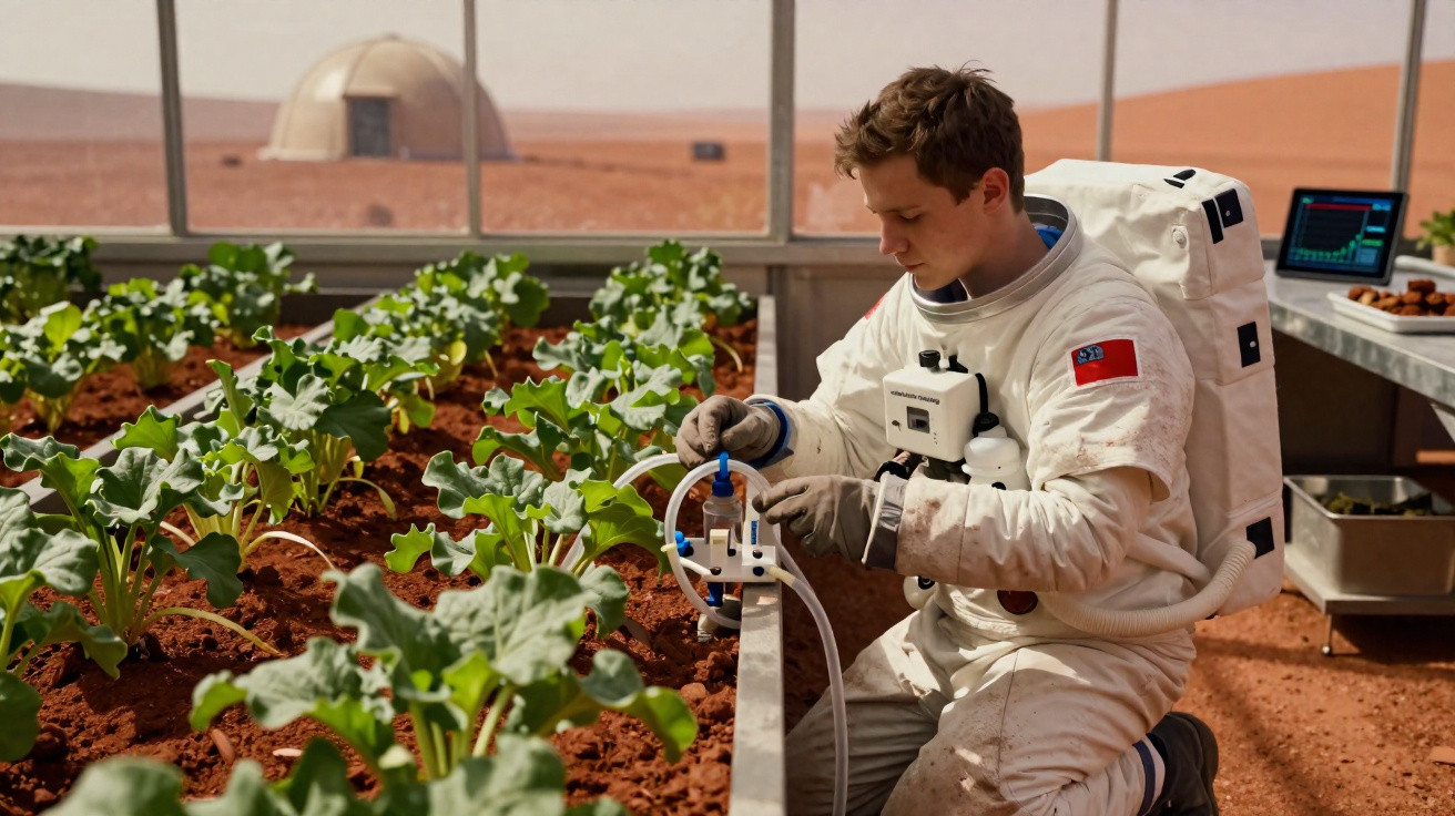 Astronaut in greenhouse on Mars examining plants growing in red soil beneath a glass dome.
