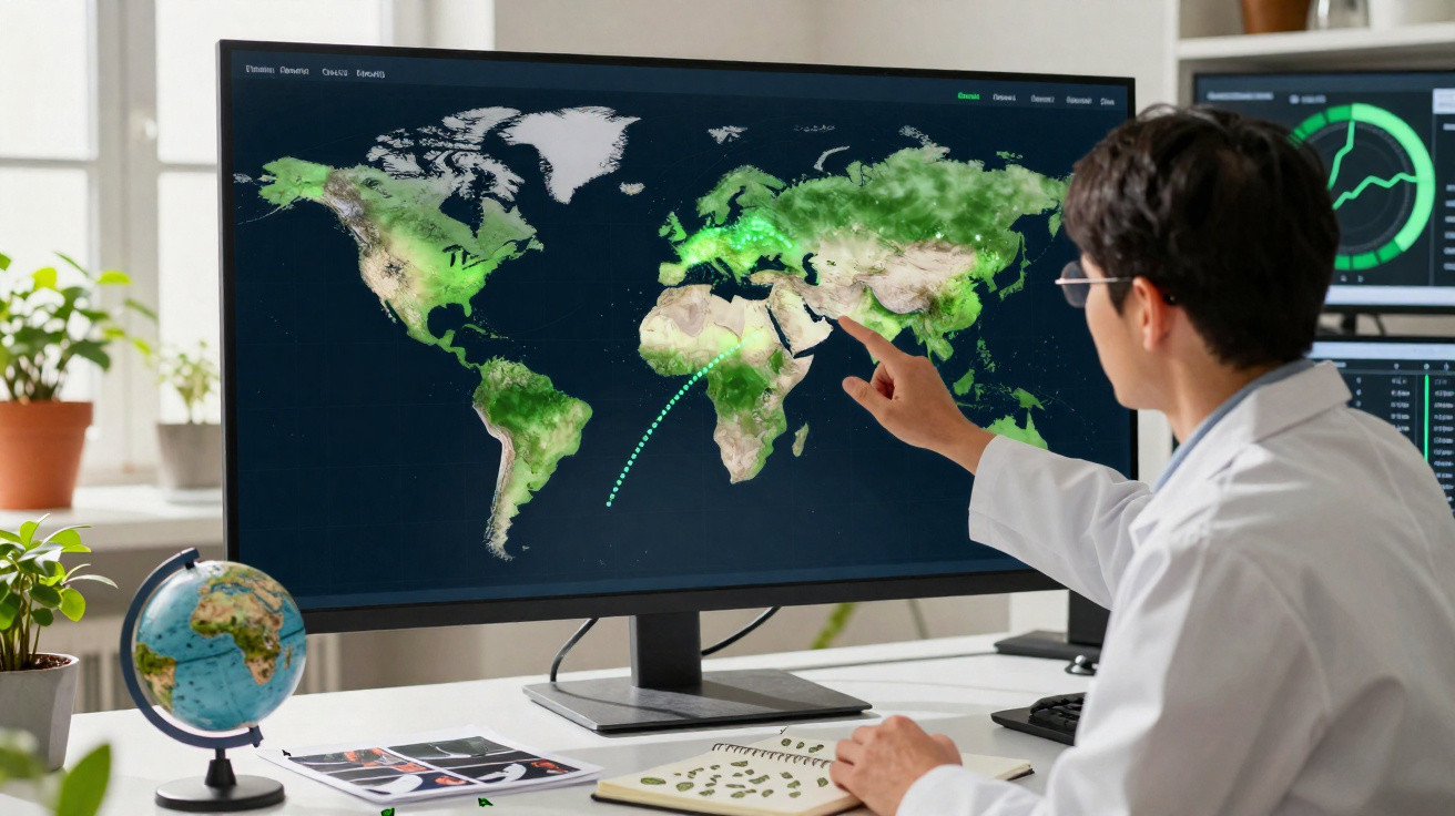 Scientist in lab coat pointing at green-highlighted areas on world map displayed on computer monitor.
