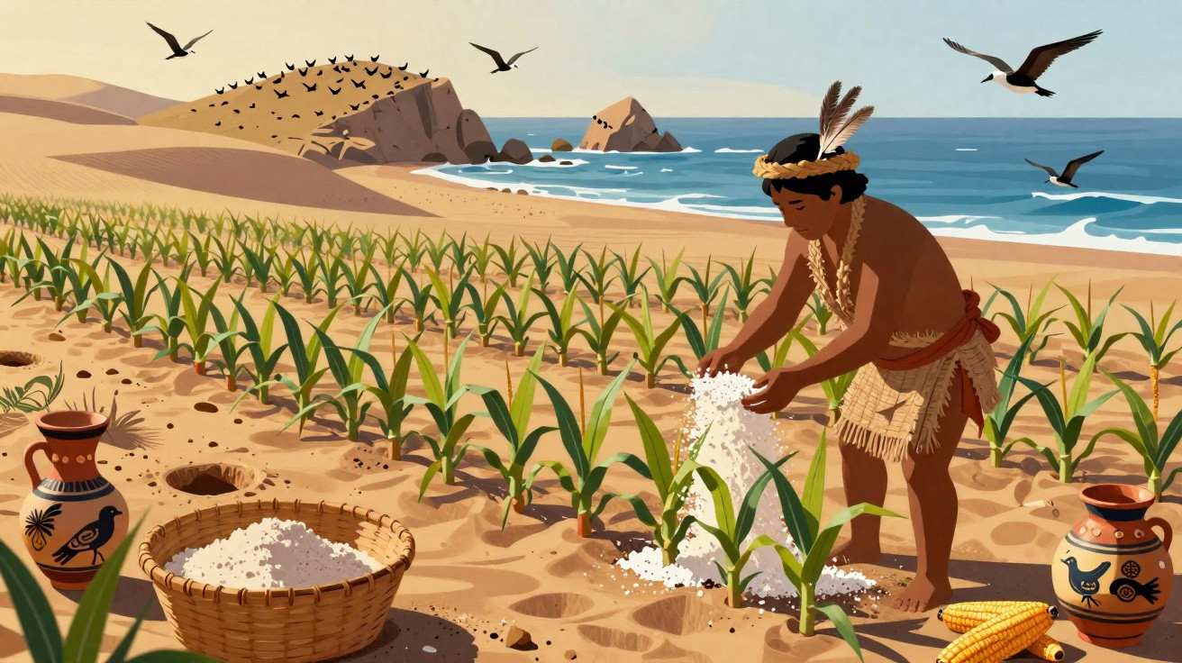Indigenous person fertilising young crops with seaweed on a coastal farm beside the ocean under birds.