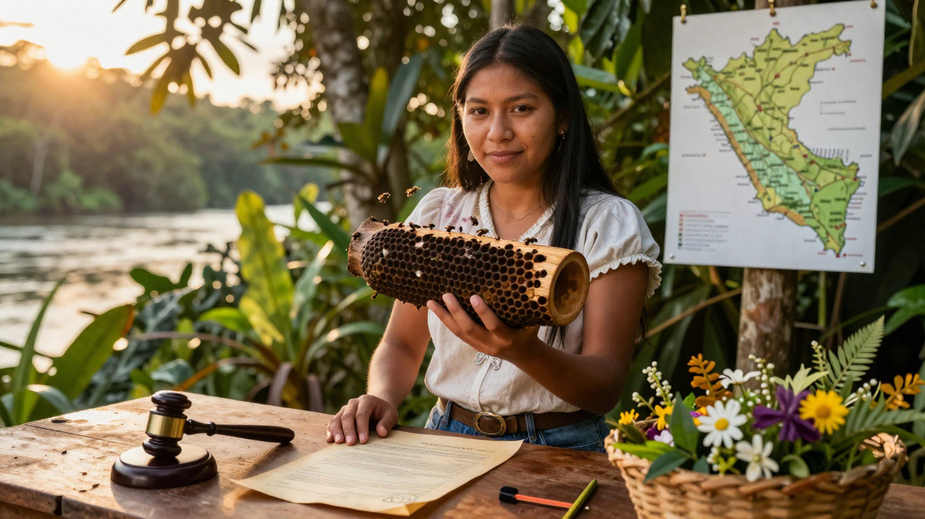 Young woman holding honeycomb with bees, sitting at wooden table with gavel, document, and basket of flowers outdoors.